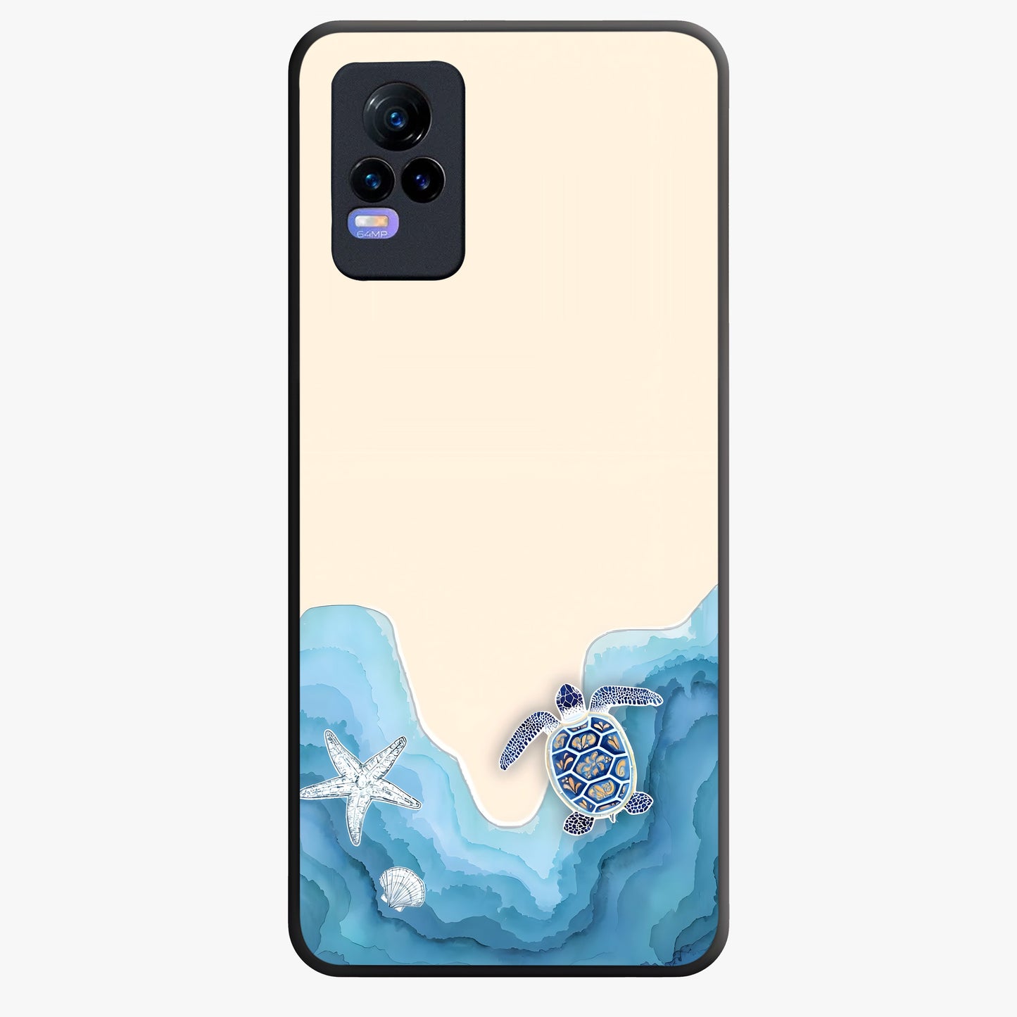 Ocean Drift Turtle Glass Case showing flat back view with sea turtle artwork and glossy glass finish.