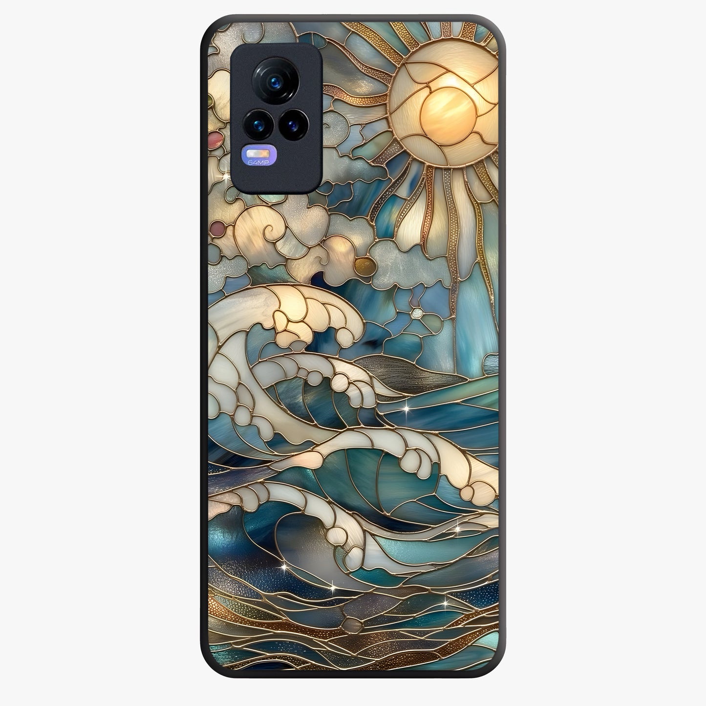Oceanic Stained Printed Glass Case showing flat back view with ocean inspired stained pattern artwork and glossy glass finish.