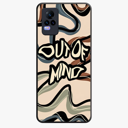 Out Of Mind Glass Case showing flat back view with expressive typography artwork and glossy glass finish.