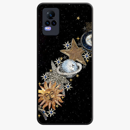 Pearls Universe Object Glass Case showing flat back view with pearl inspired cosmic artwork and glossy glass finish.