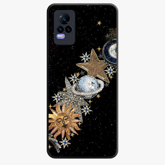 Pearls Universe Object Glass Case showing flat back view with pearl inspired cosmic artwork and glossy glass finish.