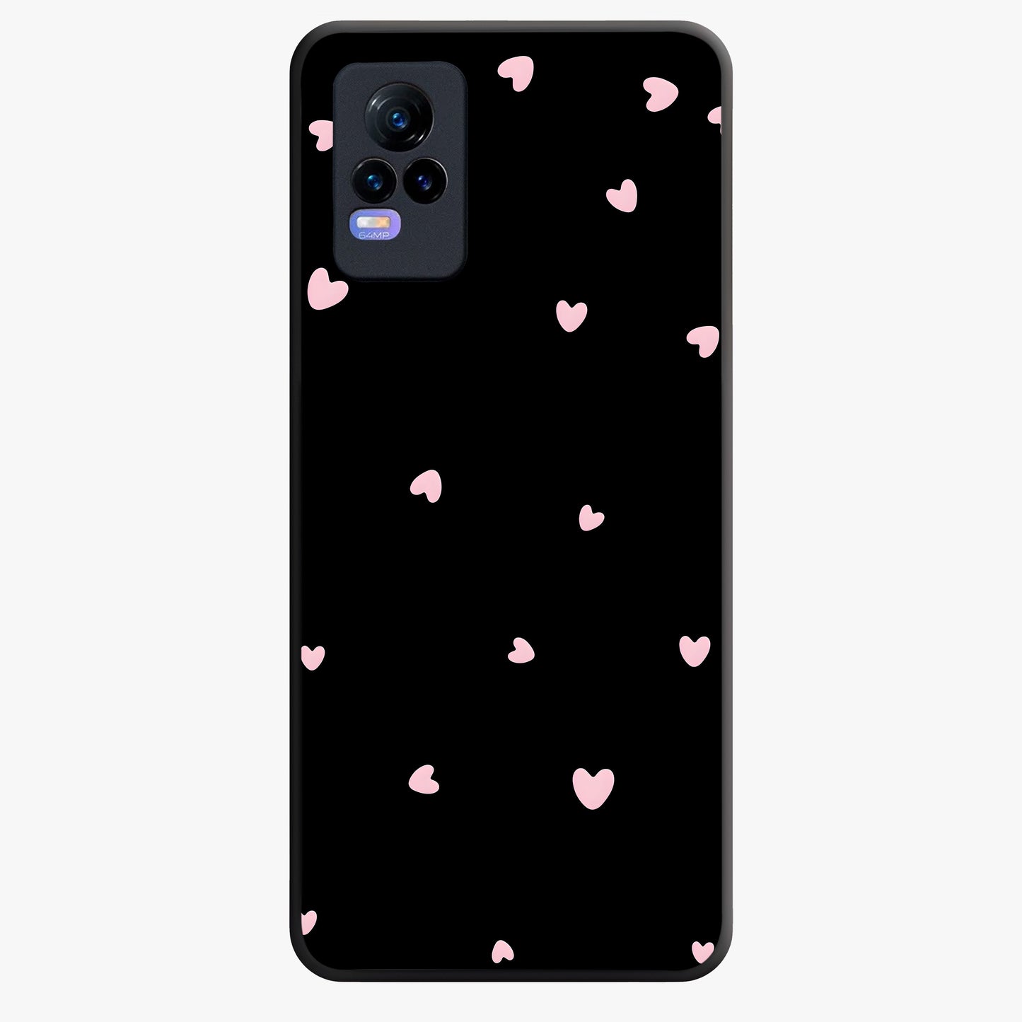 Pink Love Drops Glass Case showing flat back view with playful pink heart drops artwork and glossy glass finish.