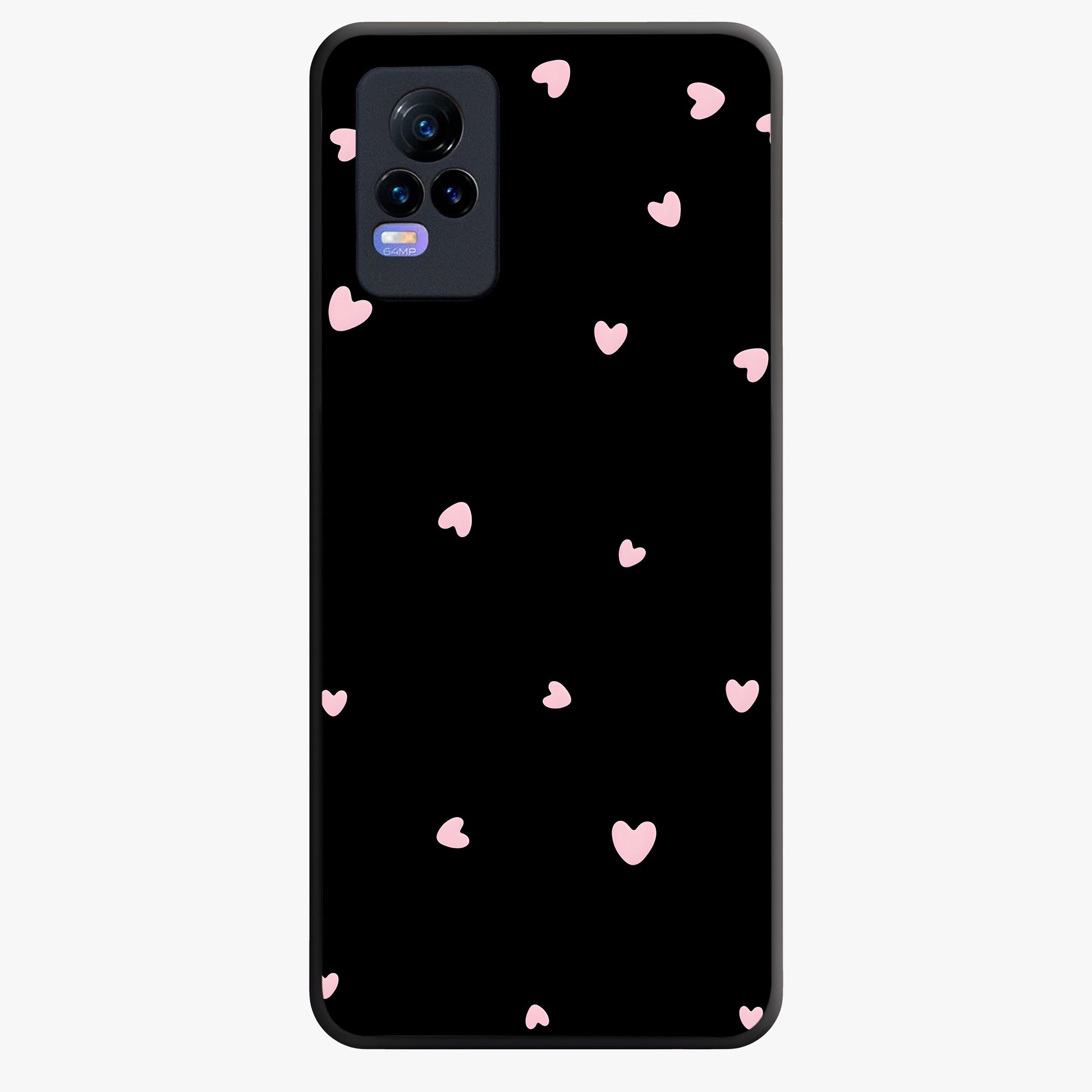 Pink Love Drops Glass Case showing flat back view with playful pink heart drops artwork and glossy glass finish.