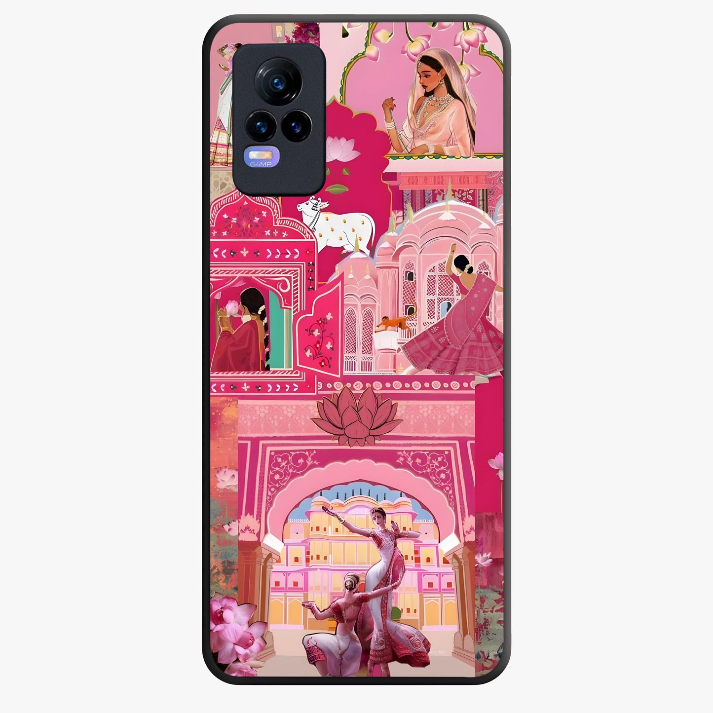 Pink Palace Muse Glass Case showing flat back view with elegant palace inspired artwork and glossy glass finish.