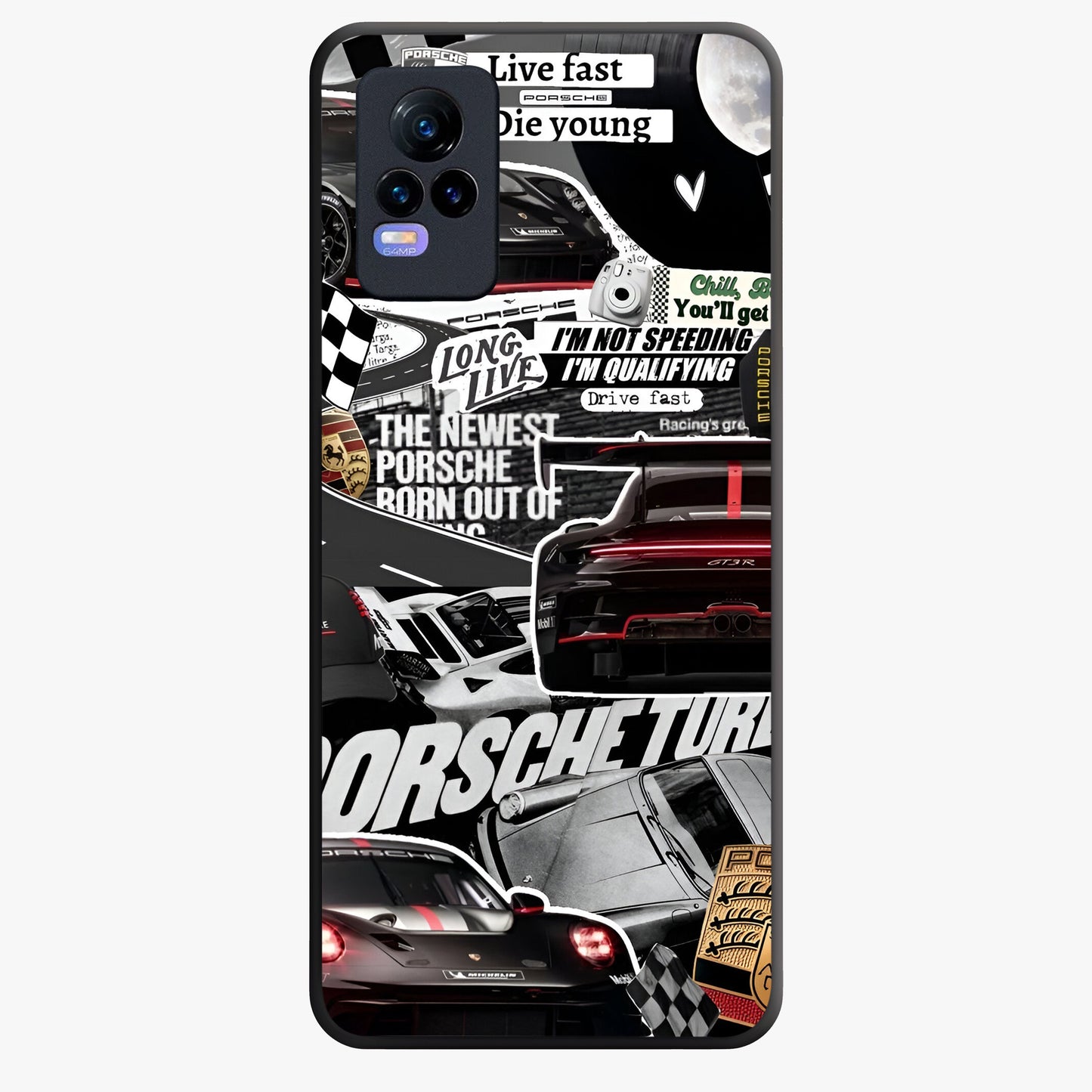 Porsche Racing Collage Glass Case showing flat back view with sports car racing collage artwork and glossy glass finish.