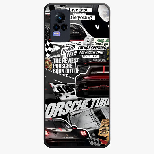 Porsche Racing Collage Glass Case showing flat back view with sports car racing collage artwork and glossy glass finish.