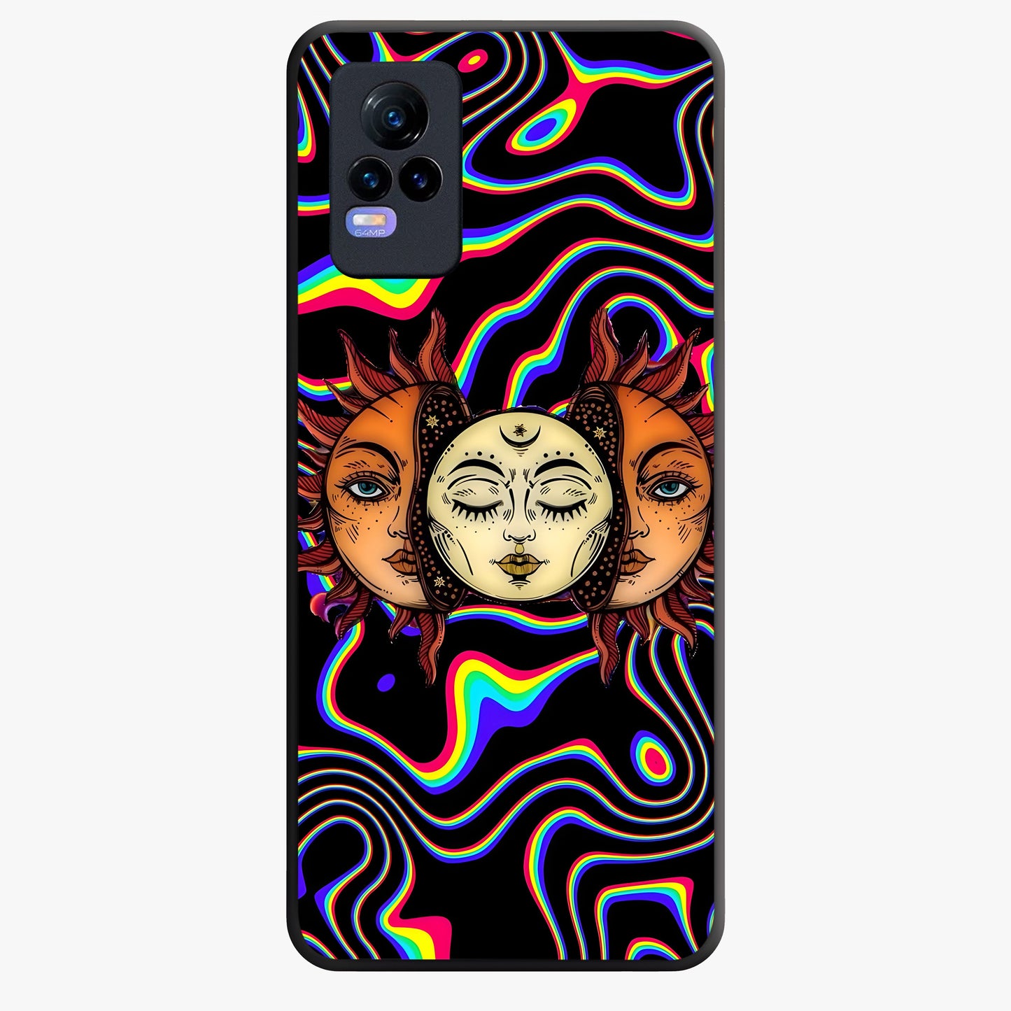 Psychedelic Sun Glass Case showing flat back view with colorful psychedelic sun artwork and glossy glass finish.