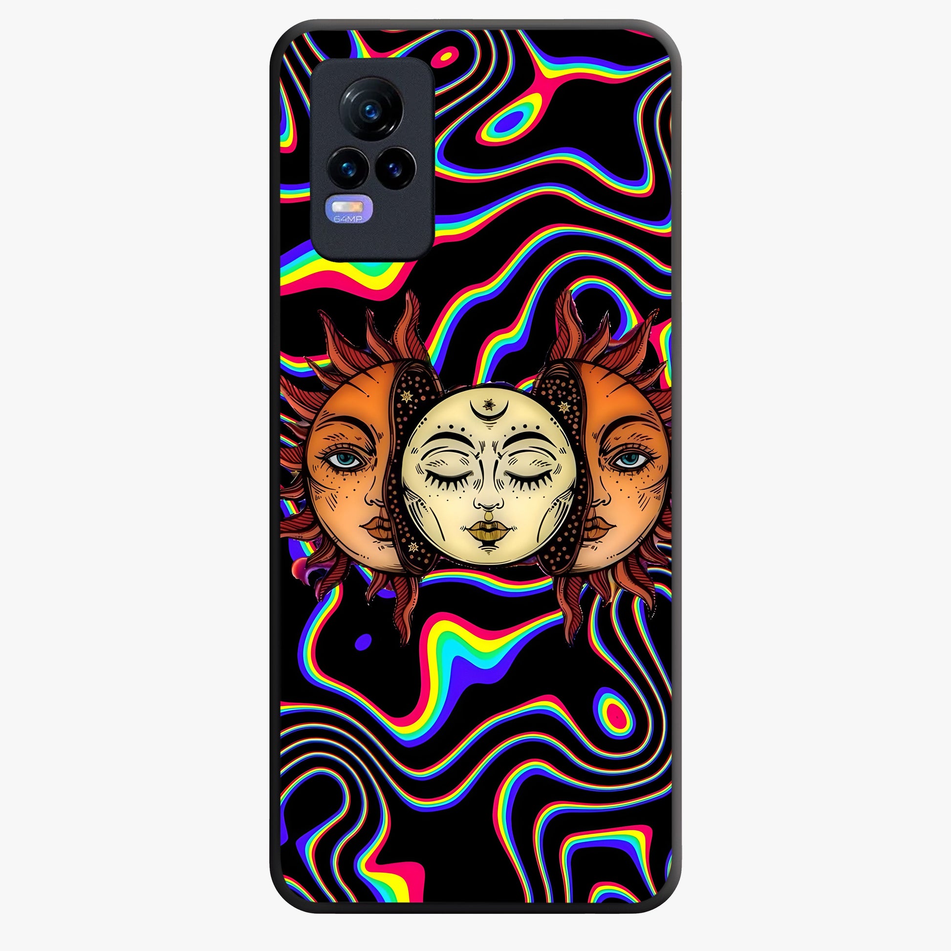 Psychedelic Sun Glass Case showing flat back view with colorful psychedelic sun artwork and glossy glass finish.