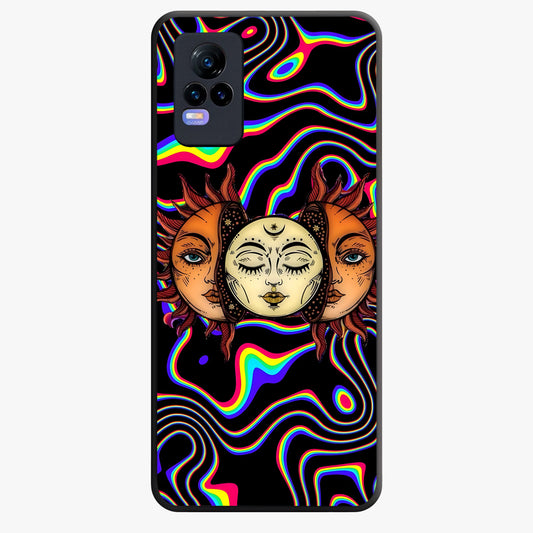 Psychedelic Sun Glass Case showing flat back view with colorful psychedelic sun artwork and glossy glass finish.