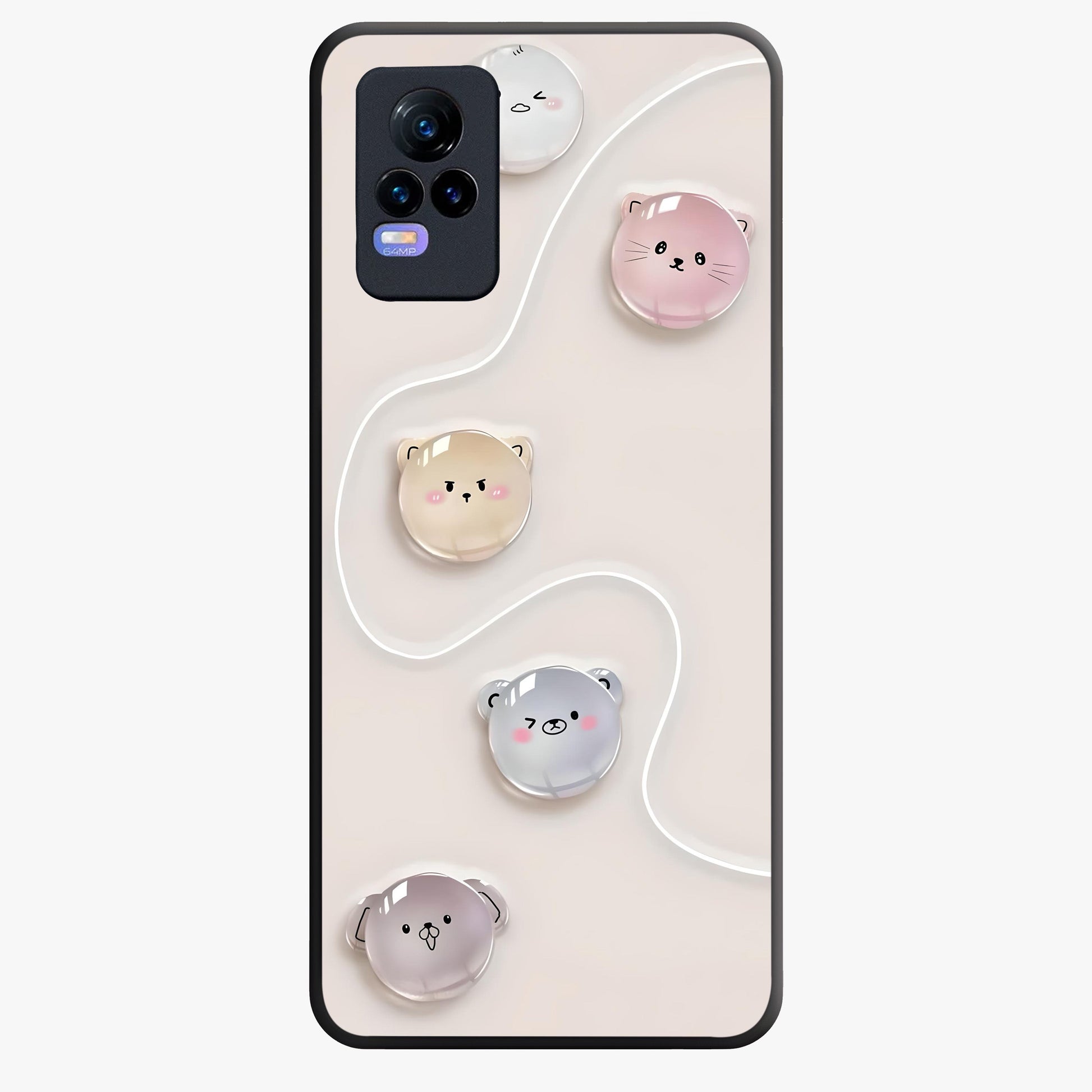 Puffy Face Parade Glass Case showing flat back view with cute puffy character faces artwork and glossy glass finish.