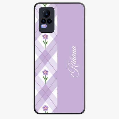 Purple Diamond Floral Glass Case showing flat back view with diamond shaped floral artwork and glossy glass finish.
