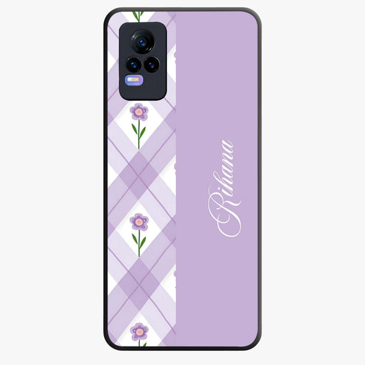 Purple Diamond Floral Glass Case showing flat back view with diamond shaped floral artwork and glossy glass finish.