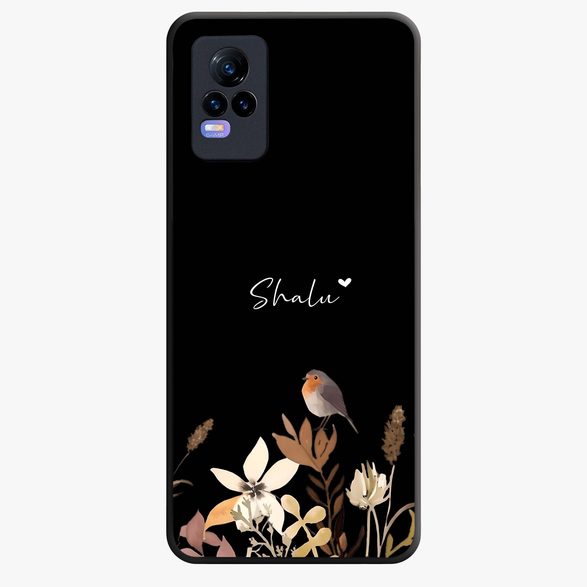 Quiet Garden Tune Custom Name Glass Case showing flat back view with peaceful garden artwork and personalized name design.