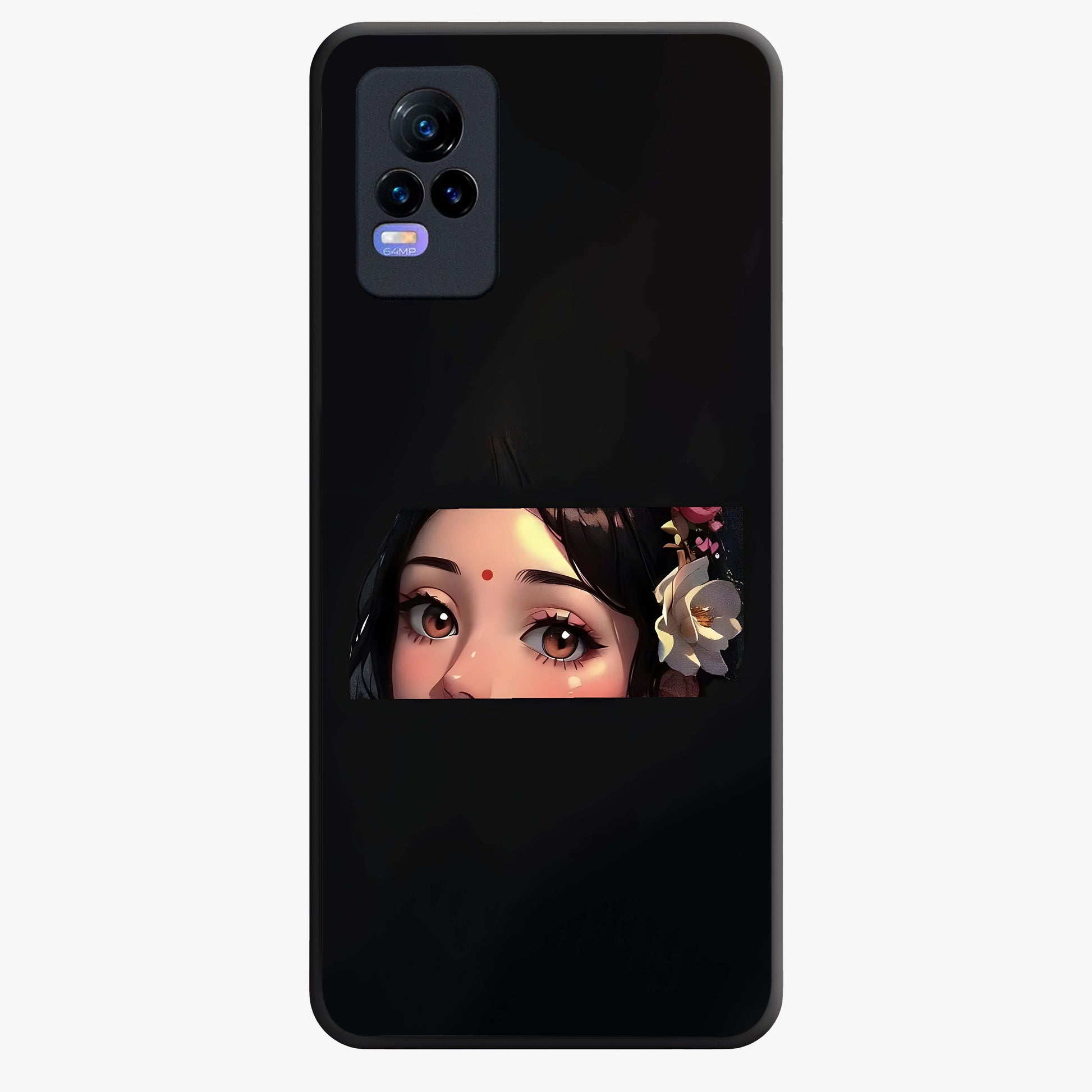 Radha Divine Embrace Glass Case showing flat back view with devotional Radha artwork and glossy glass finish.