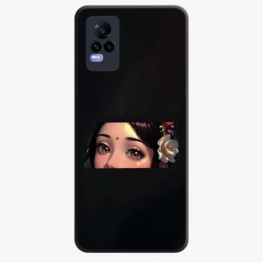 Radha Divine Embrace Glass Case showing flat back view with devotional Radha artwork and glossy glass finish.