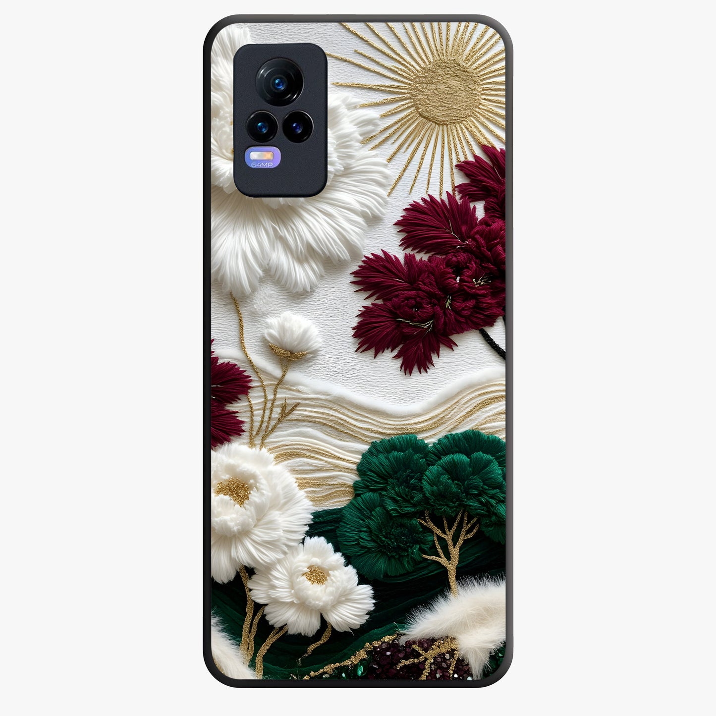 Radiant Bloom Elegance Glass Case showing flat back view with elegant blooming flower artwork and glossy glass finish.