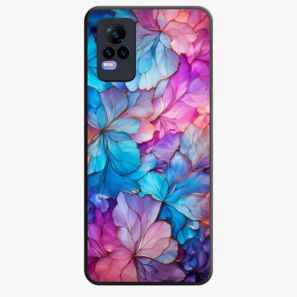Radiant Floral Whirl Glass Case showing flat back view with swirling floral artwork and glossy glass finish.