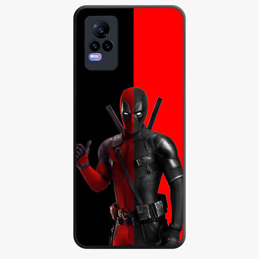 Red & Black Deadpool Theme Glass Case showing flat back view with bold comic inspired artwork and glossy glass finish.