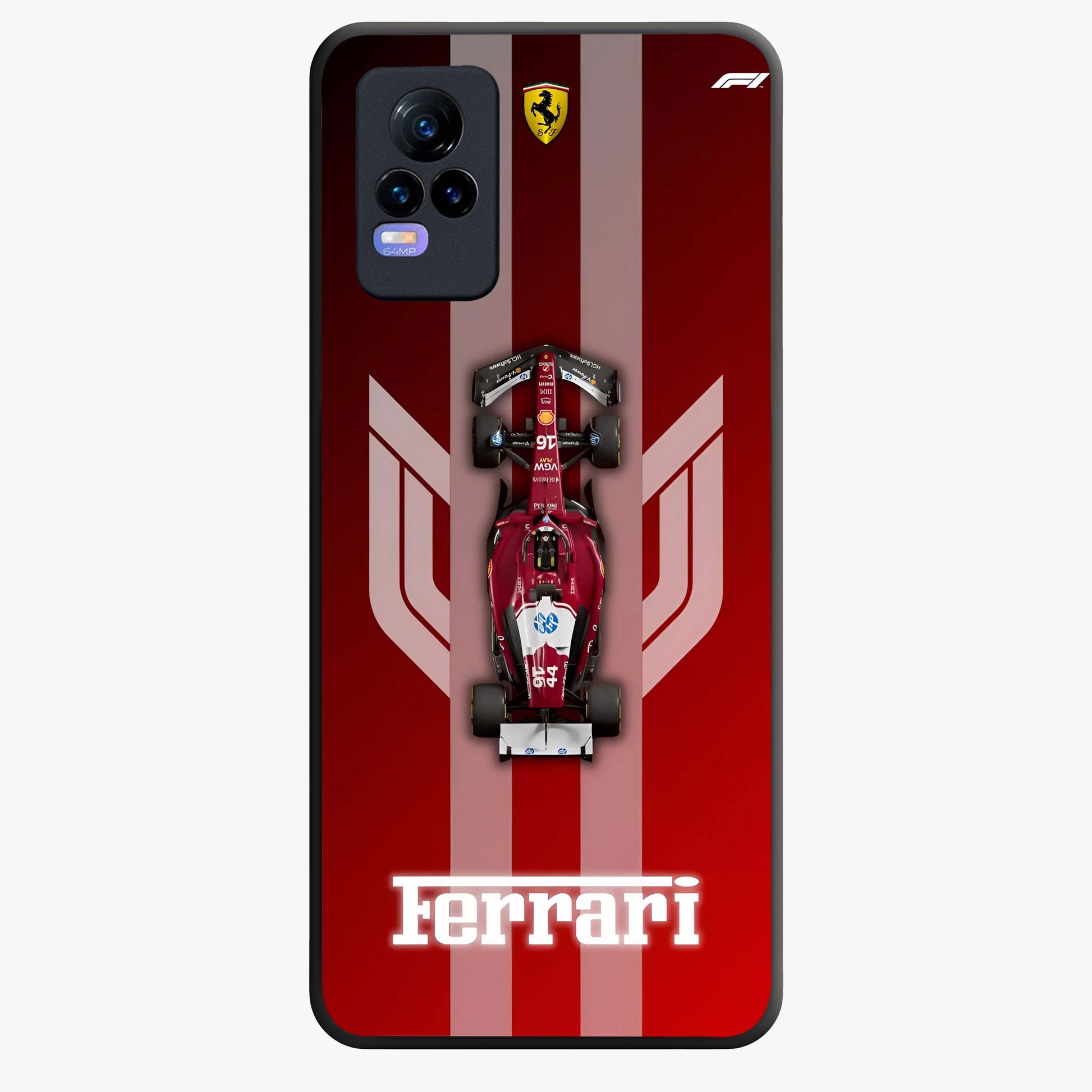 Red Ferrari F1 Vertical Glass Case showing flat back view with sleek Formula racing car artwork and glossy glass finish.