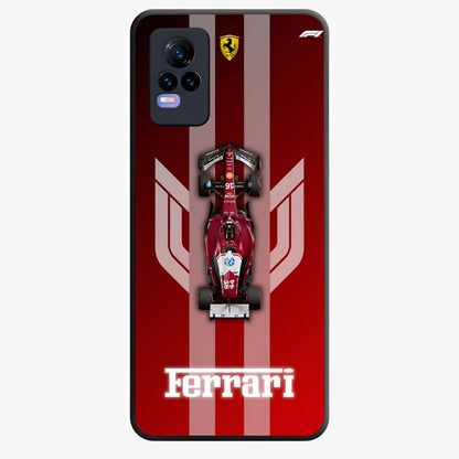 Red Ferrari F1 Vertical Glass Case showing flat back view with sleek Formula racing car artwork and glossy glass finish.