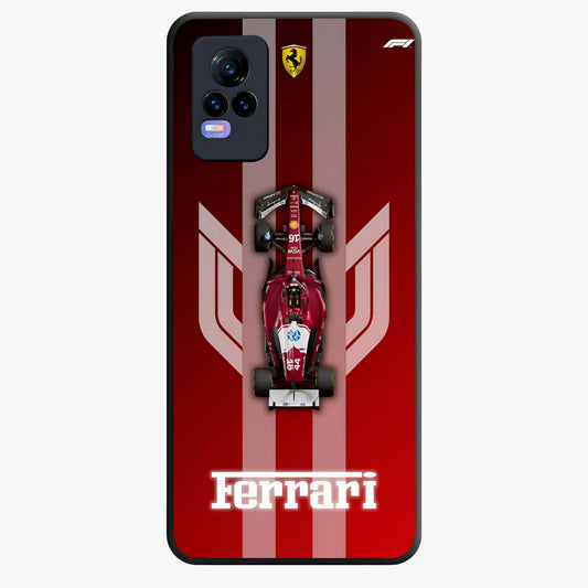 Red Ferrari F1 Vertical Glass Case showing flat back view with sleek Formula racing car artwork and glossy glass finish.