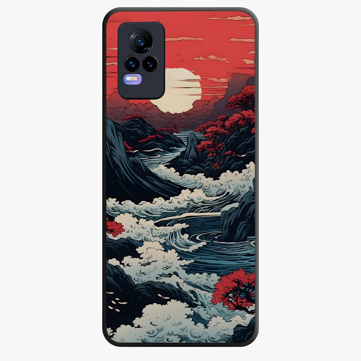Red Sunset Scenery Glass Case showing flat back view with vibrant sunset landscape artwork and glossy glass finish.