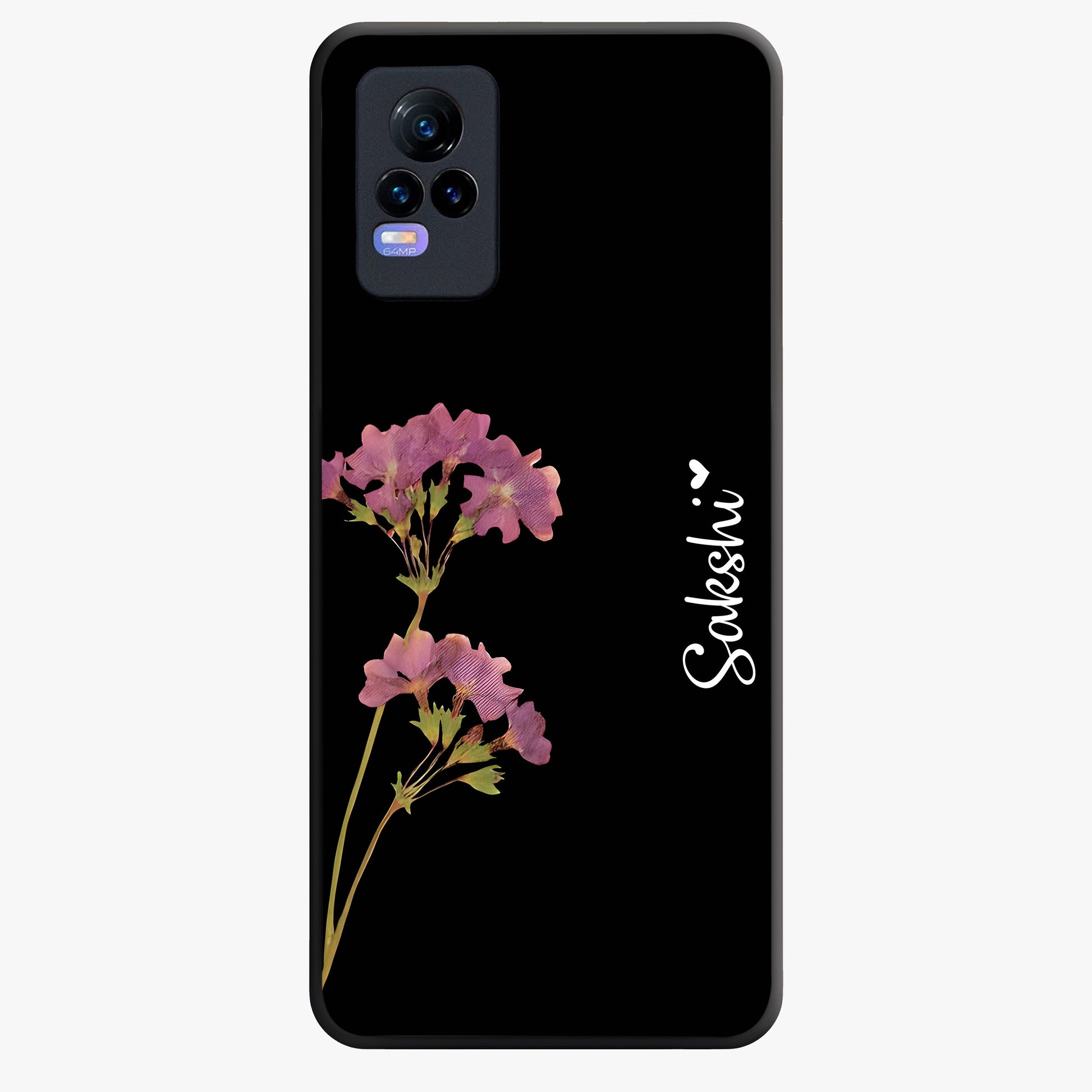 Riching Lavender Flower Custom Name Glass Case showing flat back view with lavender floral artwork and personalized name design.