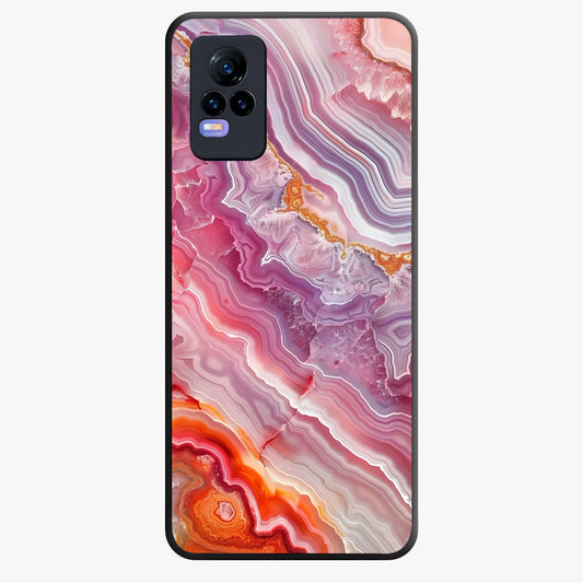 Rose Quartz Marble Glass Case showing flat back view with pink marble quartz texture artwork and glossy glass finish.