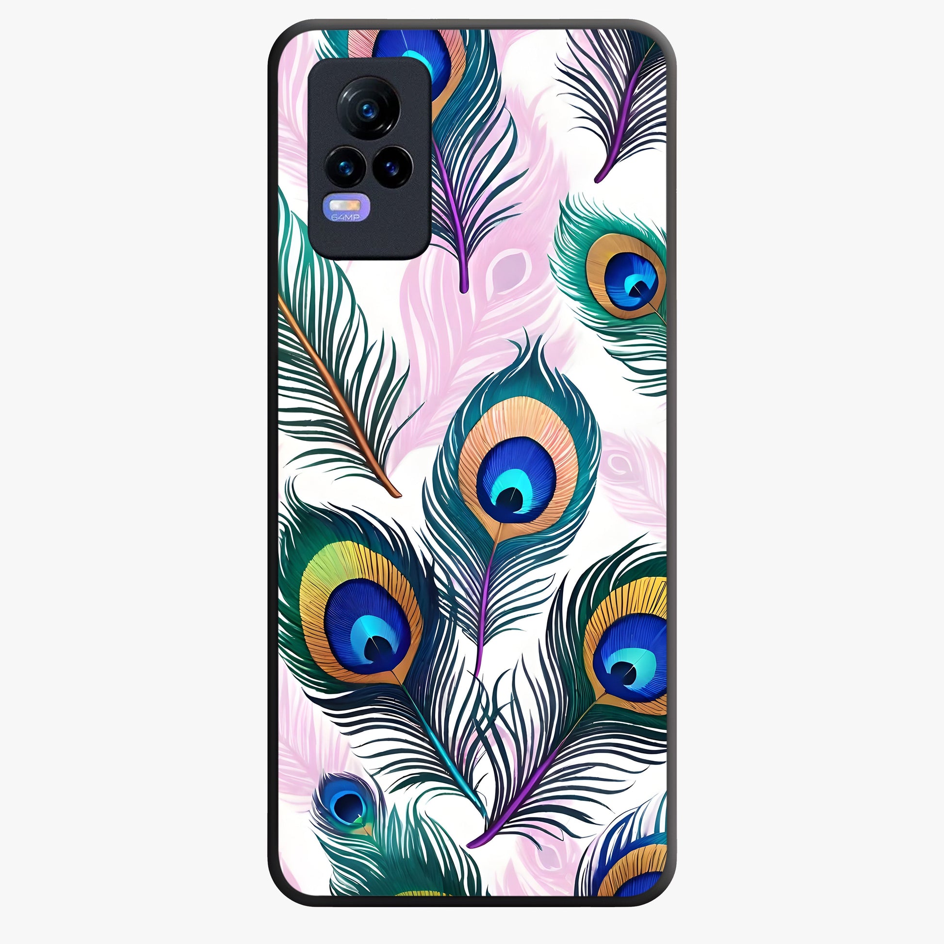 Royal Peacock Feathers Glass Case showing flat back view with colorful peacock feather artwork and glossy glass finish.