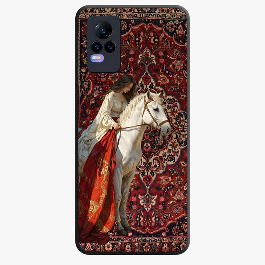Royal Rider Tapestry Glass Case showing flat back view with majestic horse rider tapestry artwork and glossy glass finish.