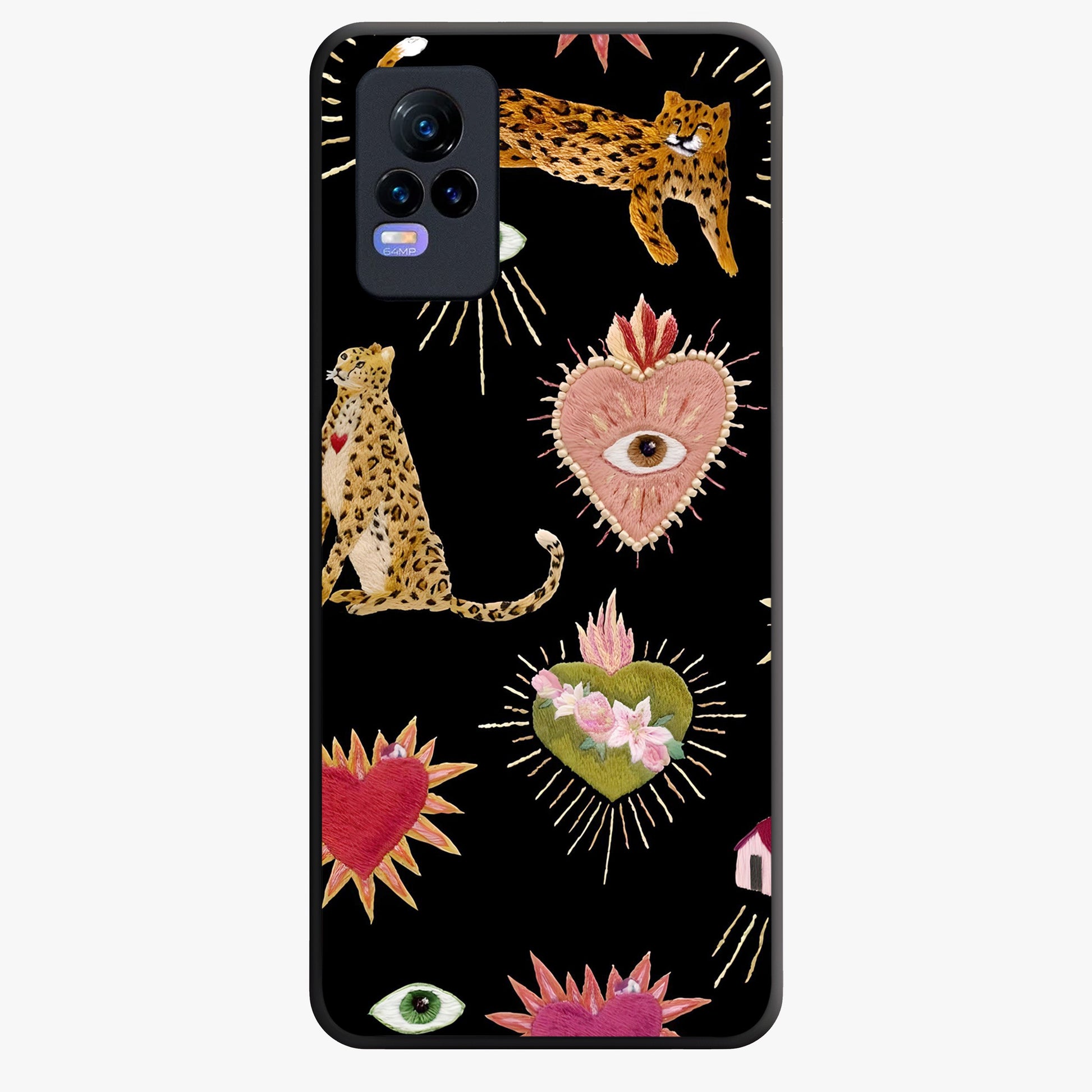 Sacred Jungle Heart Glass Case showing flat back view with jungle inspired heart artwork and glossy glass finish.