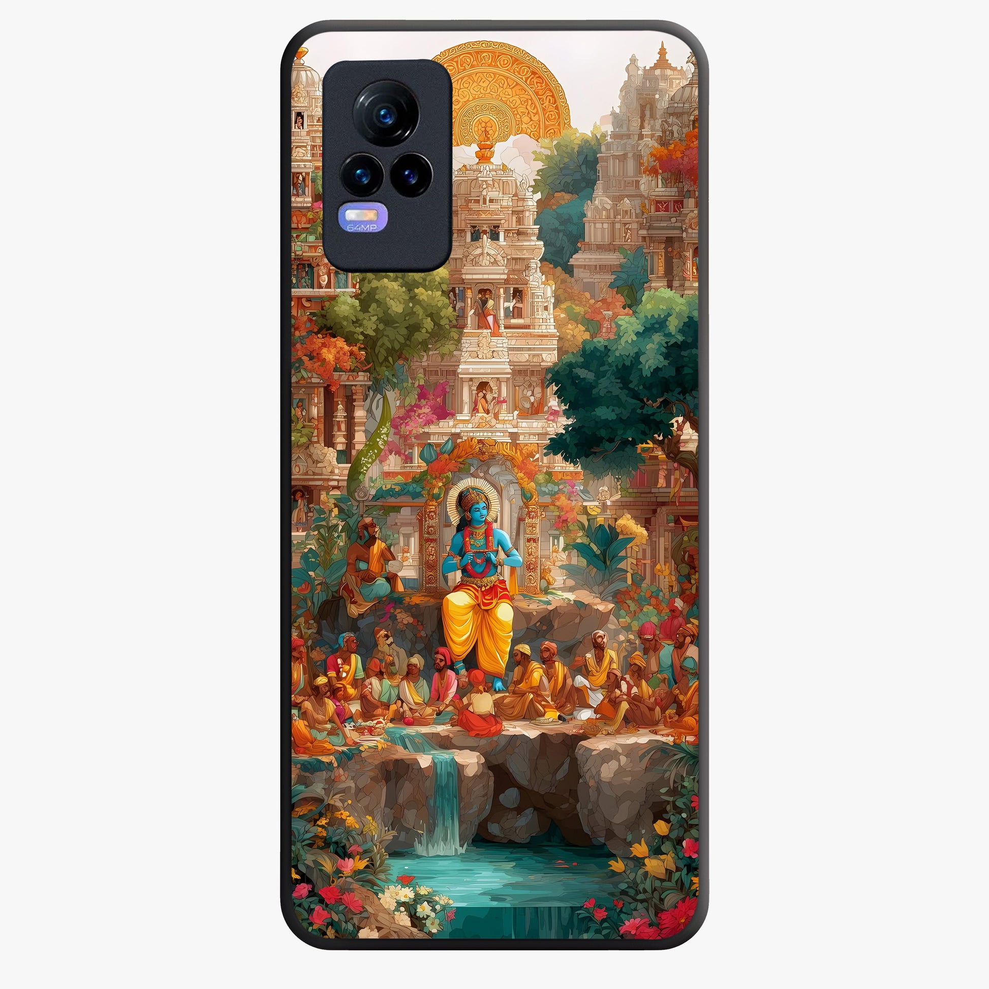 Sacred Sunlight Gods Glass Case showing flat back view with divine sunlight themed artwork and glossy glass finish.
