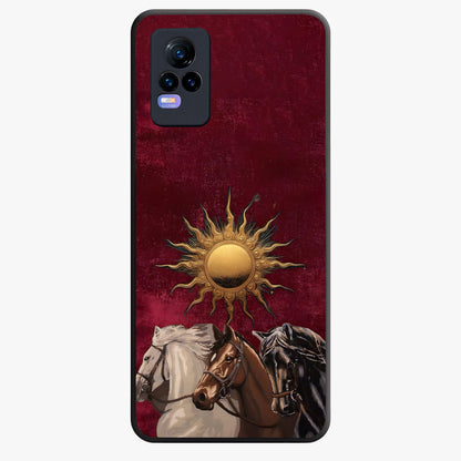 Solar Riders Glass Case showing flat back view with dynamic rider themed artwork and glossy glass finish.