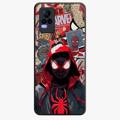 Spider Collage Street Glass Case showing flat back view with vibrant superhero collage artwork and glossy glass finish.