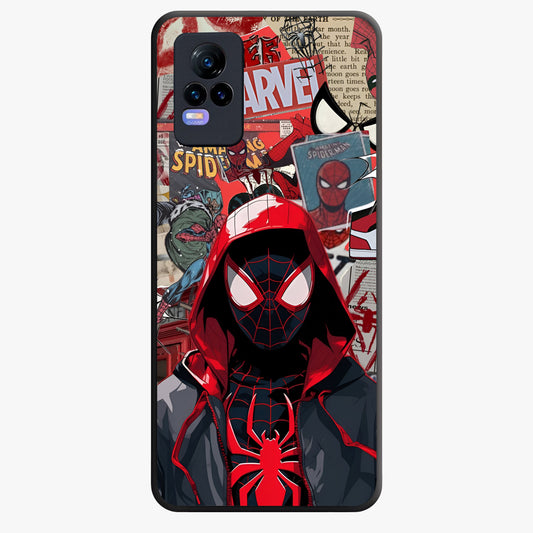 Spider Collage Street Glass Case showing flat back view with vibrant superhero collage artwork and glossy glass finish.
