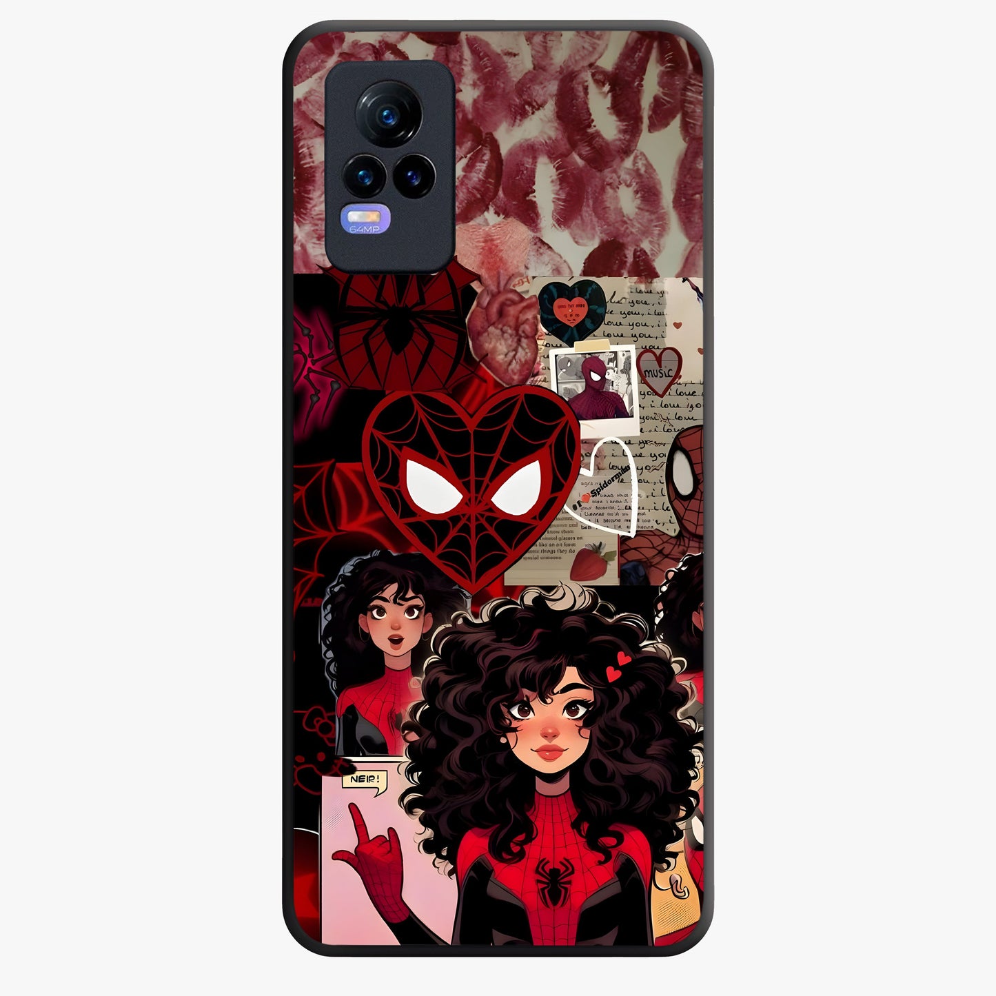Spider Love Story Glass Case showing flat back view with romantic superhero themed artwork and glossy glass finish.
