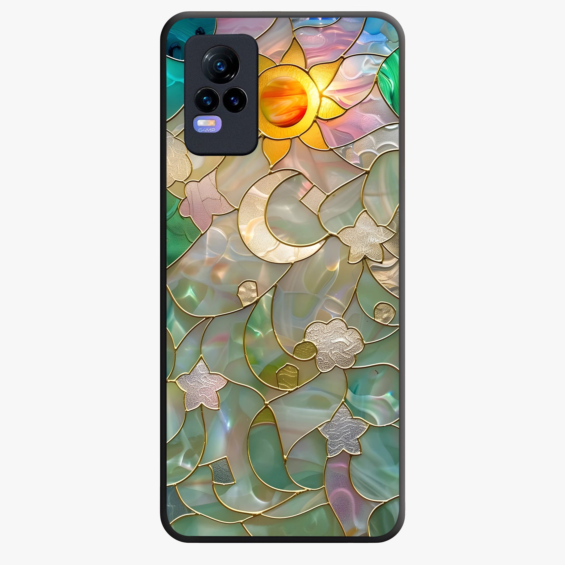Stained Sunrise Glow Glass Case showing flat back view with glowing sunrise stained pattern artwork and glossy glass finish.