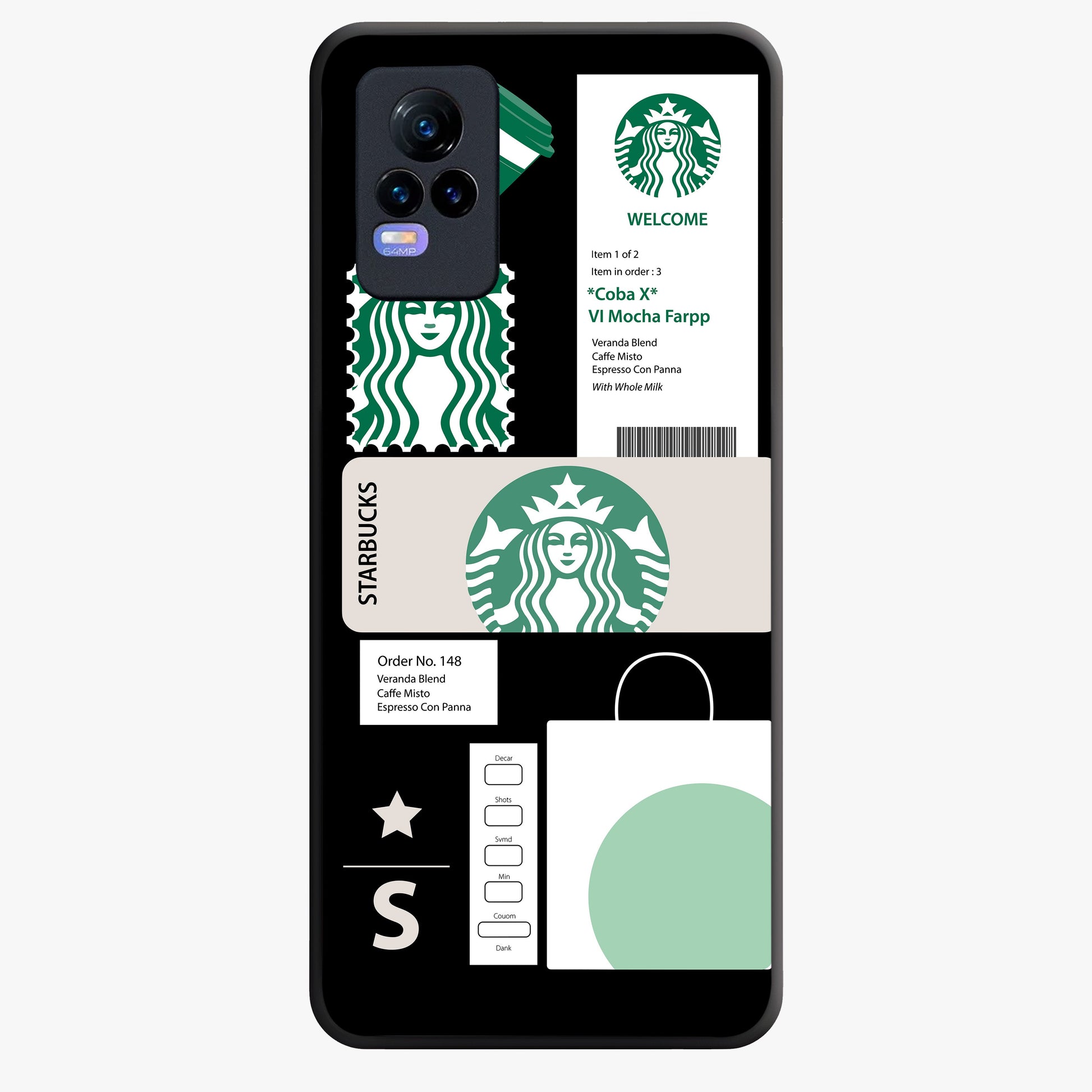 Starbucks Mocha Glass Case showing flat back view with coffee inspired artwork and glossy glass finish.