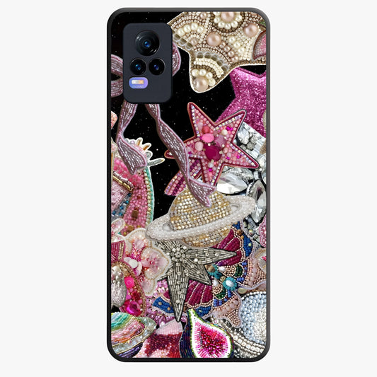 Starlit Jewel Dream Glass Case showing flat back view with sparkling jewel and star themed artwork and glossy glass finish.
