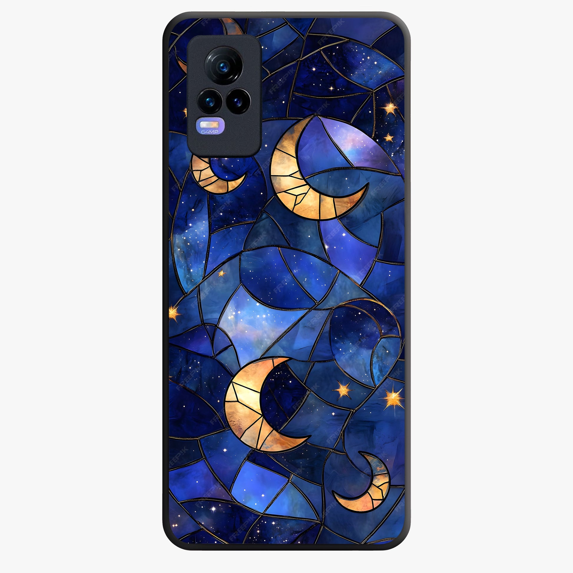 Starlit Sky Tapestry Glass Case showing flat back view with decorative starry sky tapestry artwork and glossy glass finish.