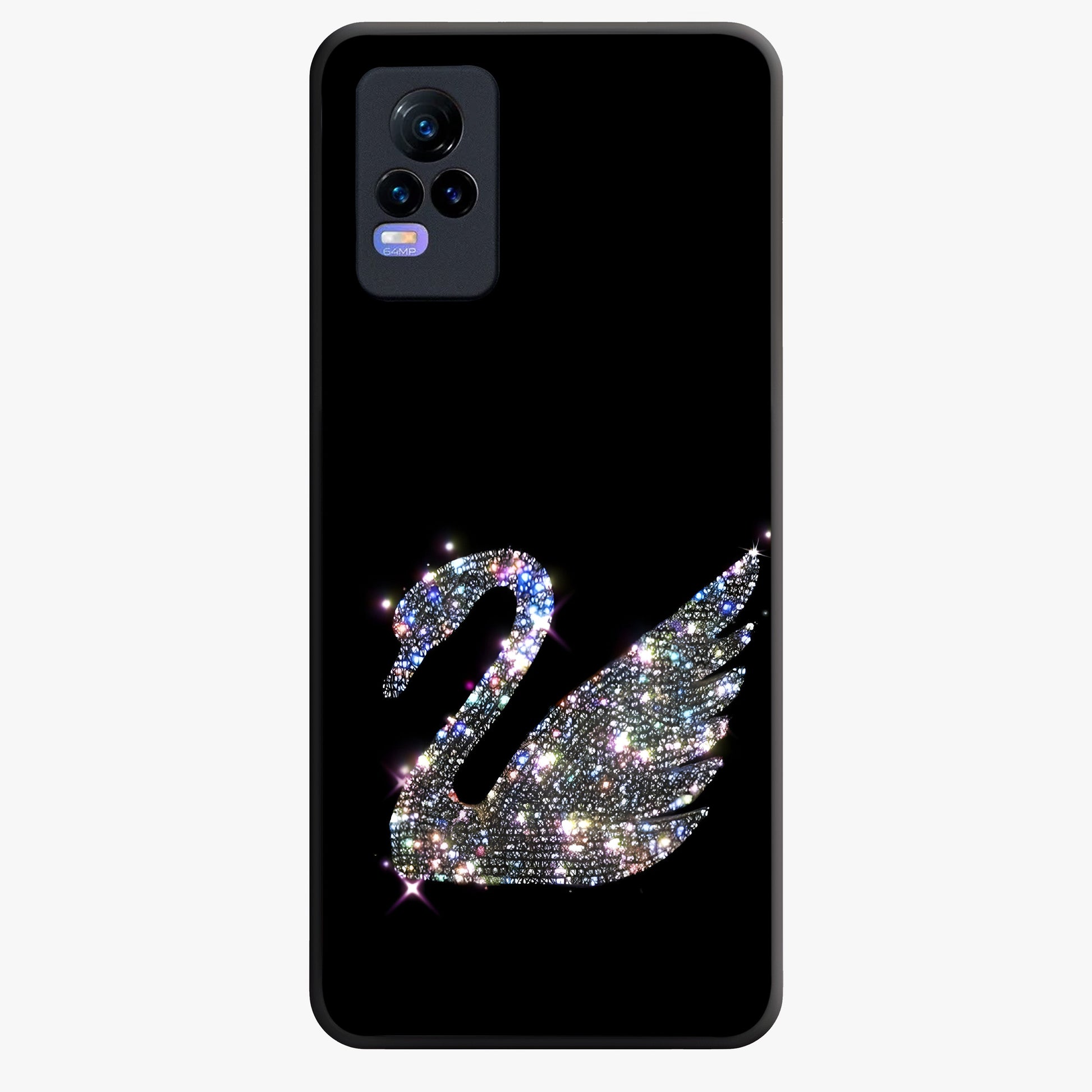 Starlit Swan Grace Glass Case showing flat back view with graceful swan artwork under starry sky and glossy glass finish.