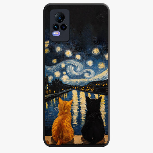 Starry River Cats Glass Case showing flat back view with cats by a starry river artwork and glossy glass finish.
