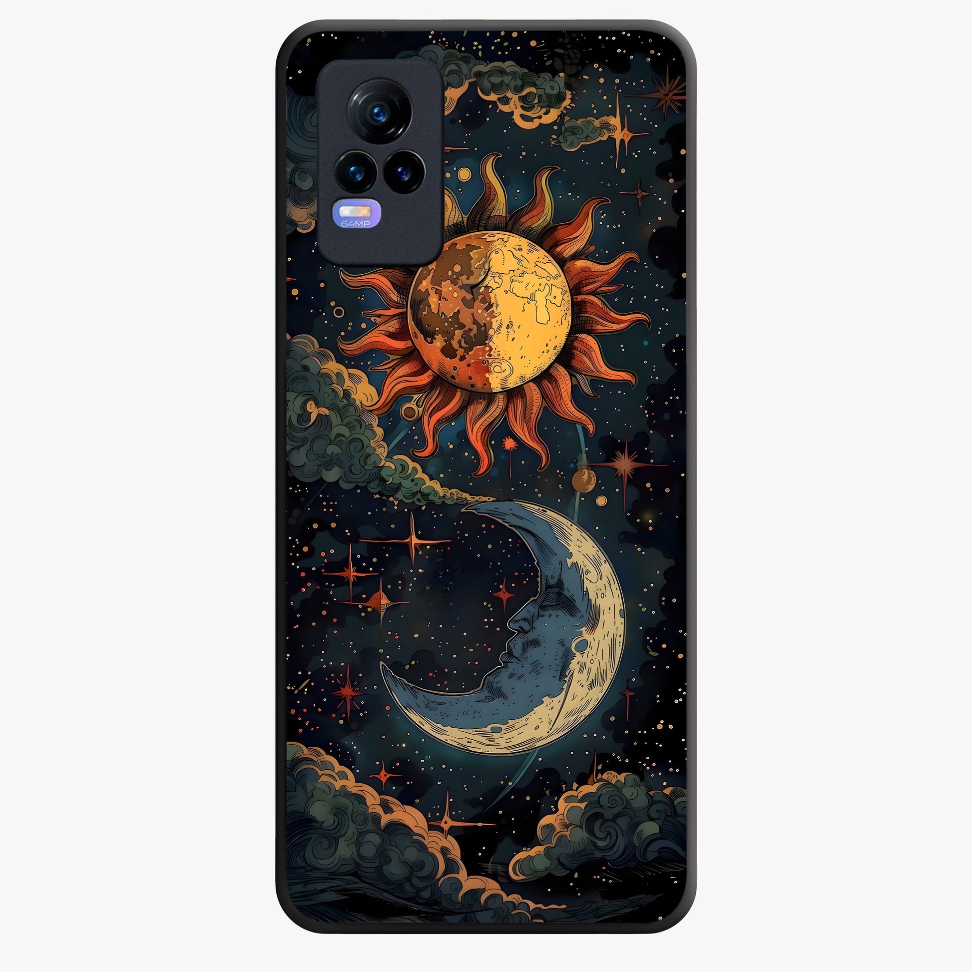 Sun And Moon Magic Design Glass Case showing flat back view with mystical sun and moon artwork and glossy glass finish.