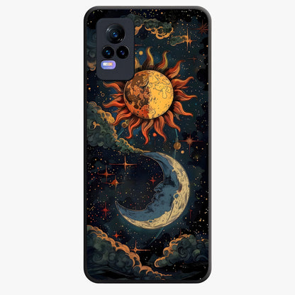 Sun And Moon Magic Design Glass Case showing flat back view with mystical sun and moon artwork and glossy glass finish.