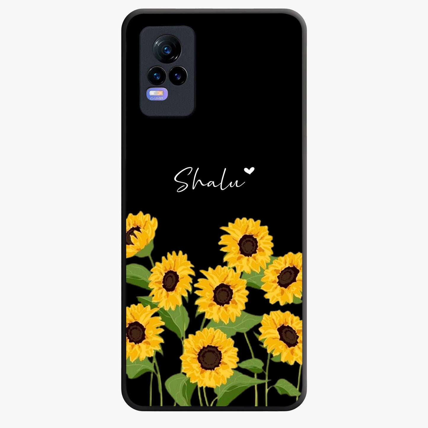 Sunflower Chic Mood Custom Name Glass Case showing flat back view with stylish sunflower artwork and personalized name design.