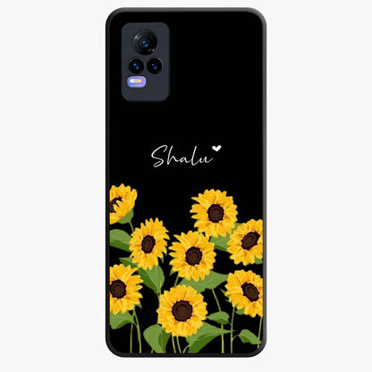 Sunflower Chic Mood Custom Name Glass Case showing flat back view with stylish sunflower artwork and personalized name design.