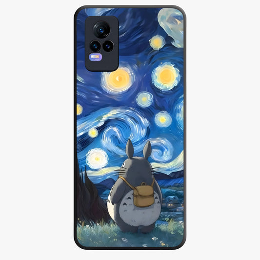 Totoro In Van Gogh Art Glass Case showing flat back view with whimsical character artwork inspired by Van Gogh style and glossy glass finish.