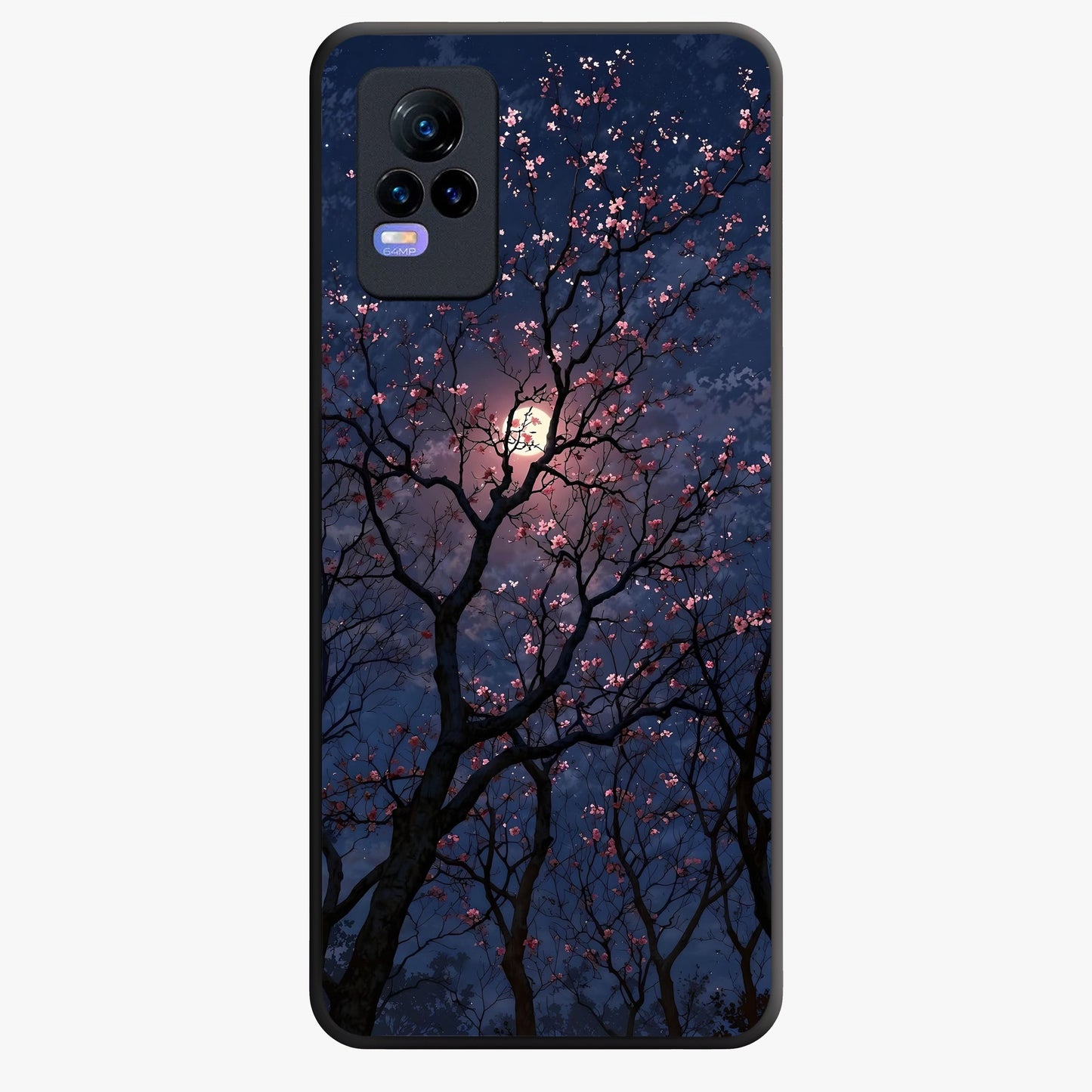 Twilight Sakura Serenade Glass Case showing flat back view with cherry blossom artwork at twilight and glossy glass finish.