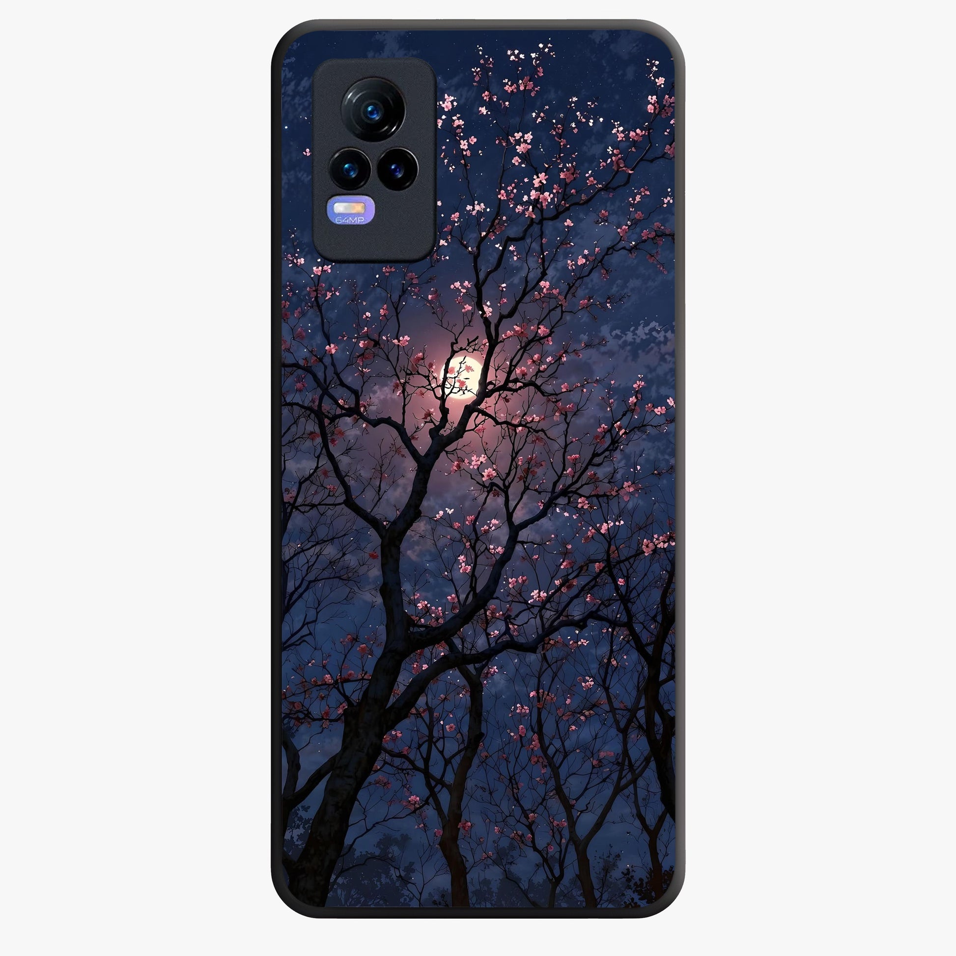 Twilight Sakura Serenade Glass Case showing flat back view with cherry blossom artwork at twilight and glossy glass finish.