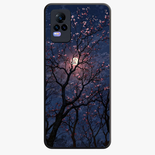 Twilight Sakura Serenade Glass Case showing flat back view with cherry blossom artwork at twilight and glossy glass finish.
